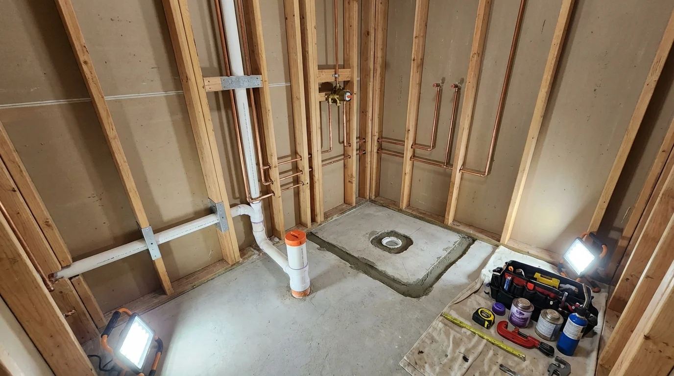 Bathroom rough-in plumbing during remodel by Johns Plumbing LLC in Drain