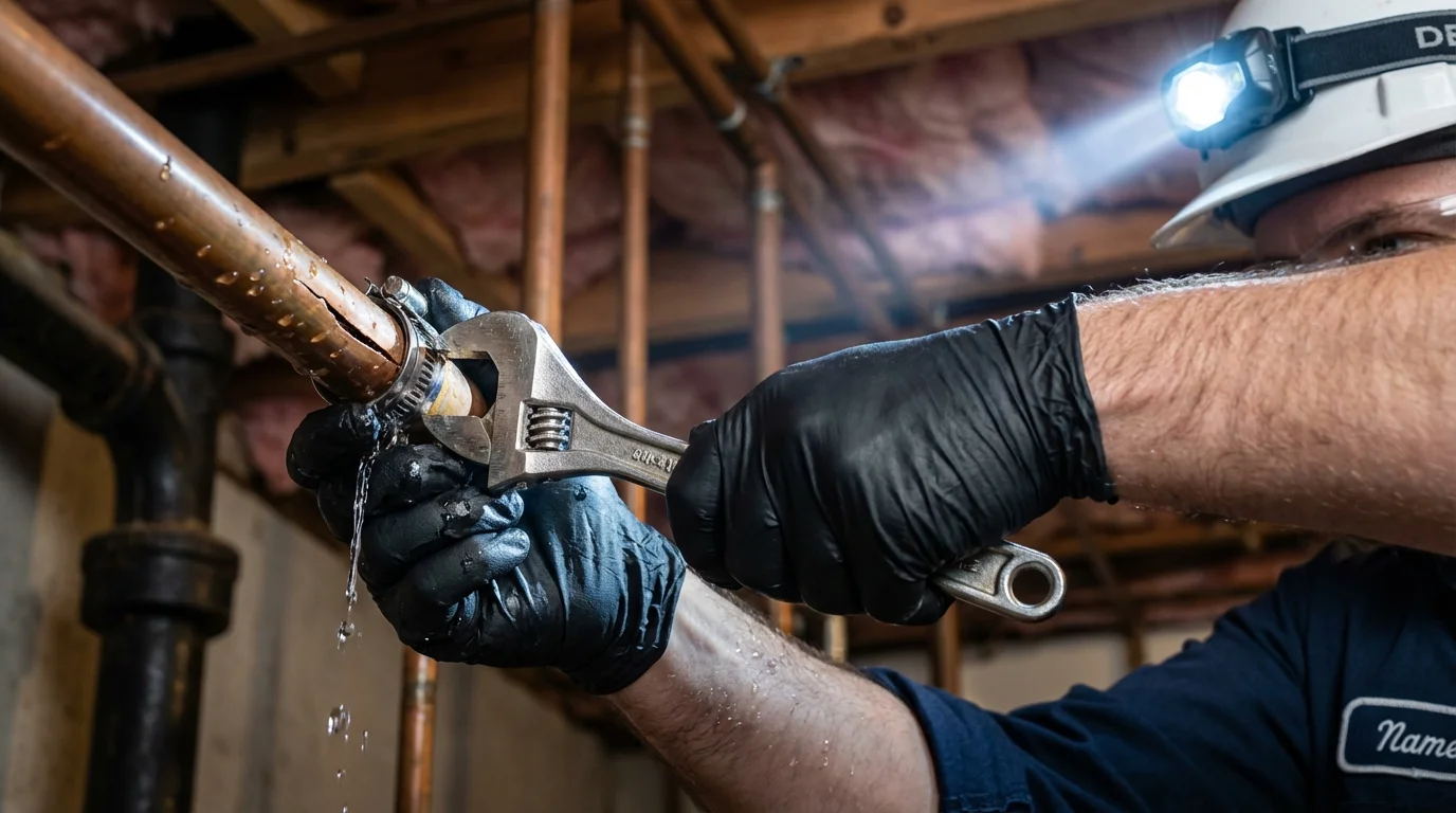 Emergency pipe clamp repair being performed by a Johns Plumbing LLC plumber in Drain