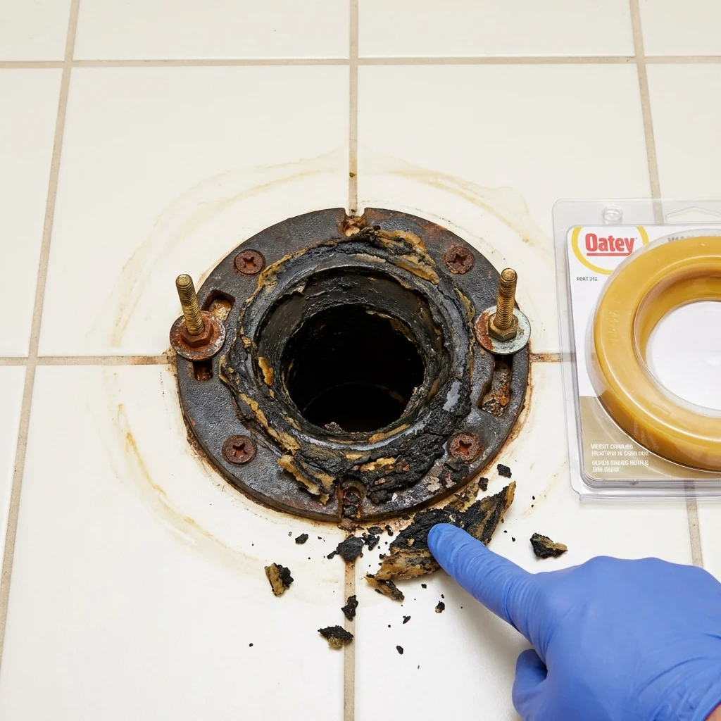 Failed wax ring showing water seepage at the base of a toilet in a Drain, OR home