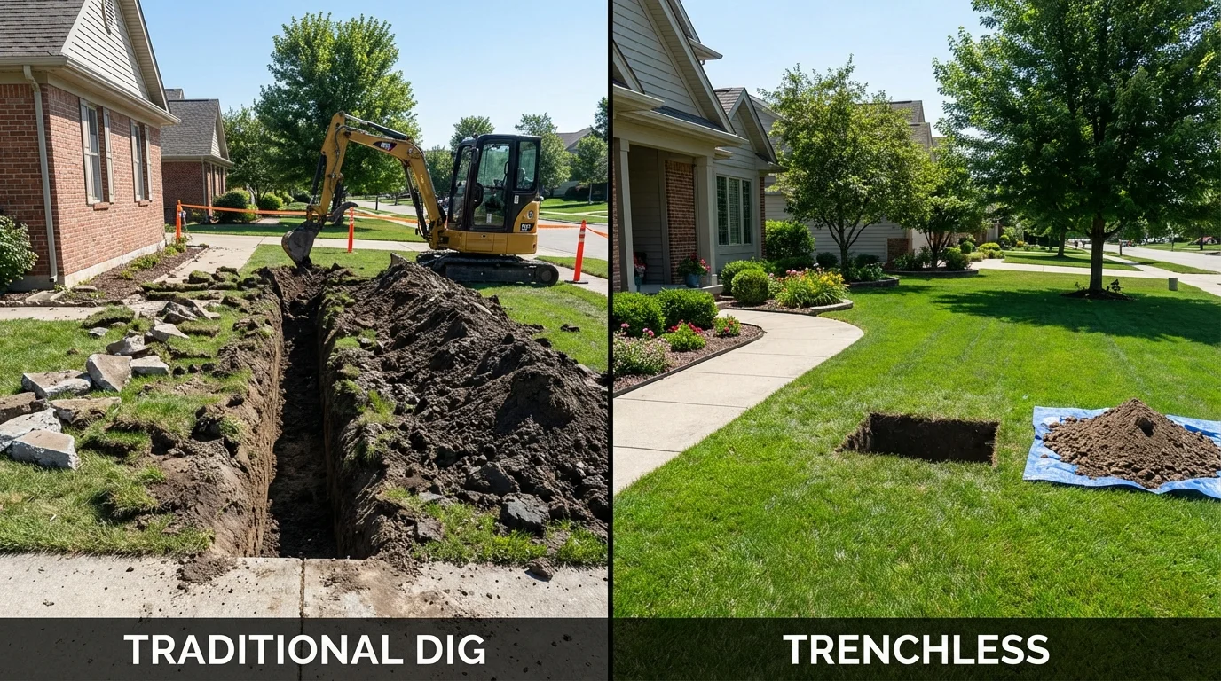 Trenchless sewer repair with minimal yard damage versus traditional excavation in Drain, OR